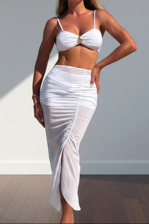 Three‑piece swim set with mesh maxi cover‑up, tube‑top bikini, and shorts