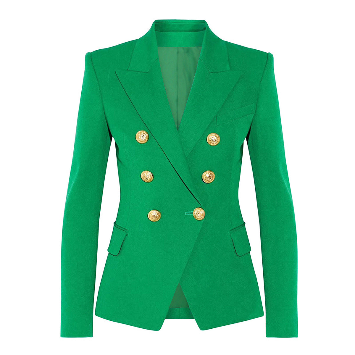 Women’s double‑breasted blazer with metal lion‑head buckle