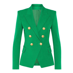 Women’s double‑breasted blazer with metal lion‑head buckle