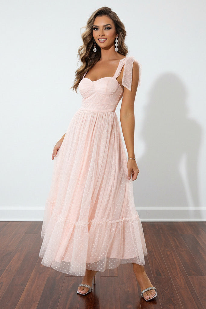 light pink Elegant mesh evening dress with lace‑up strap design