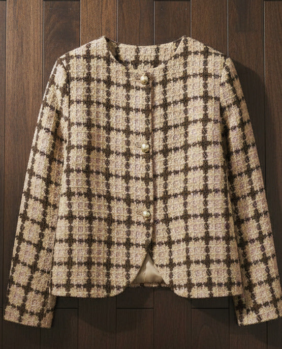 Checked woven single‑breasted jacket for women