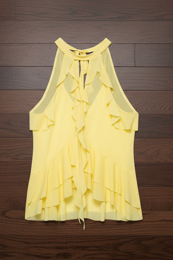 Yellow Women’s halter top with lace‑mesh accents and tie detail