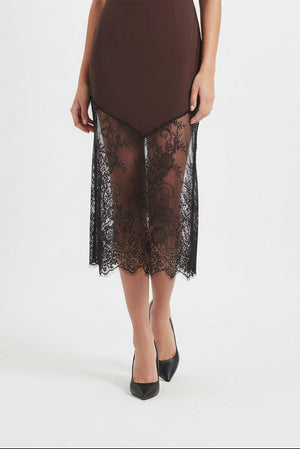 Brown Women’s slim‑fit lace‑stitched pencil skirt