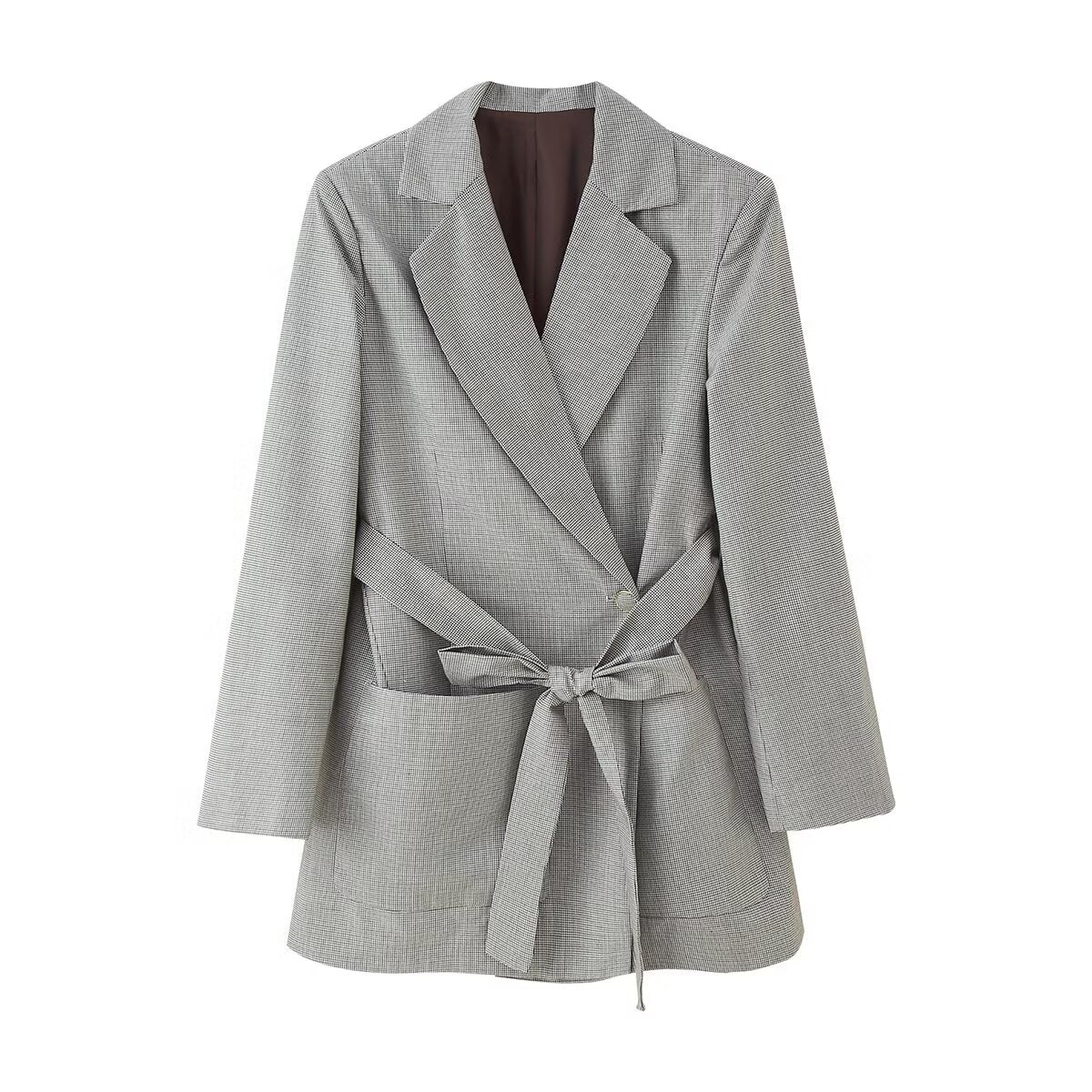 Check patterned blazer set with belt and pockets