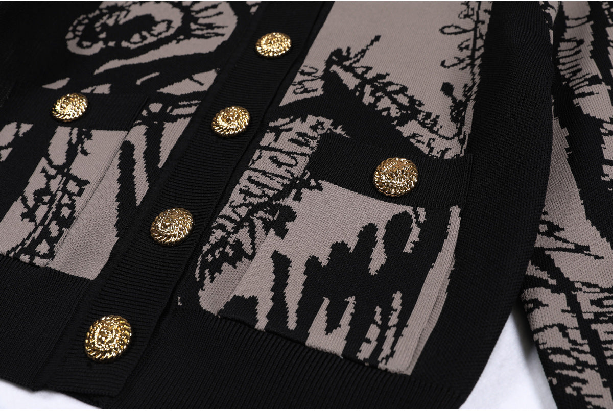 Women’s short embroidered knit cardigan with button closure