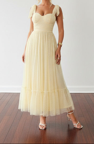 yellow  Women’s mesh maxi gown with soft pleated movement