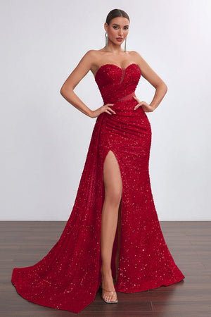 red Asymmetric ruched sequin maxi dress for formal events