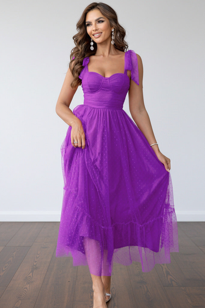 purple Women’s spaghetti‑strap mesh maxi dress with pleated hem