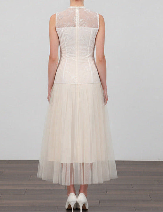 Sleeveless lace‑embroidered mesh maxi dress for women