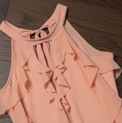 Slim laminated halter tank with feminine ruffle design