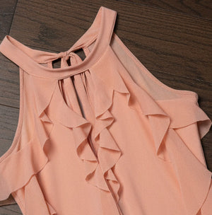 Slim laminated halter tank with feminine ruffle design