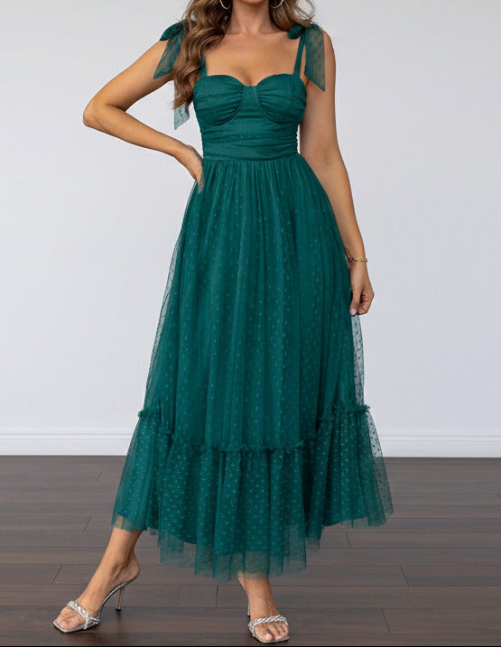 green A‑line mesh maxi dress with lightweight layered fabric