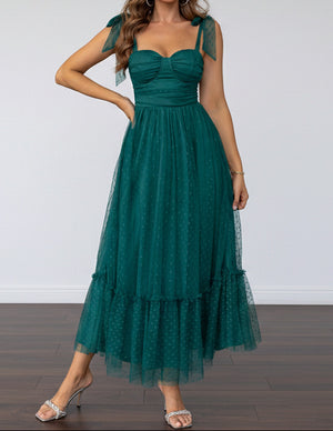 green A‑line mesh maxi dress with lightweight layered fabric