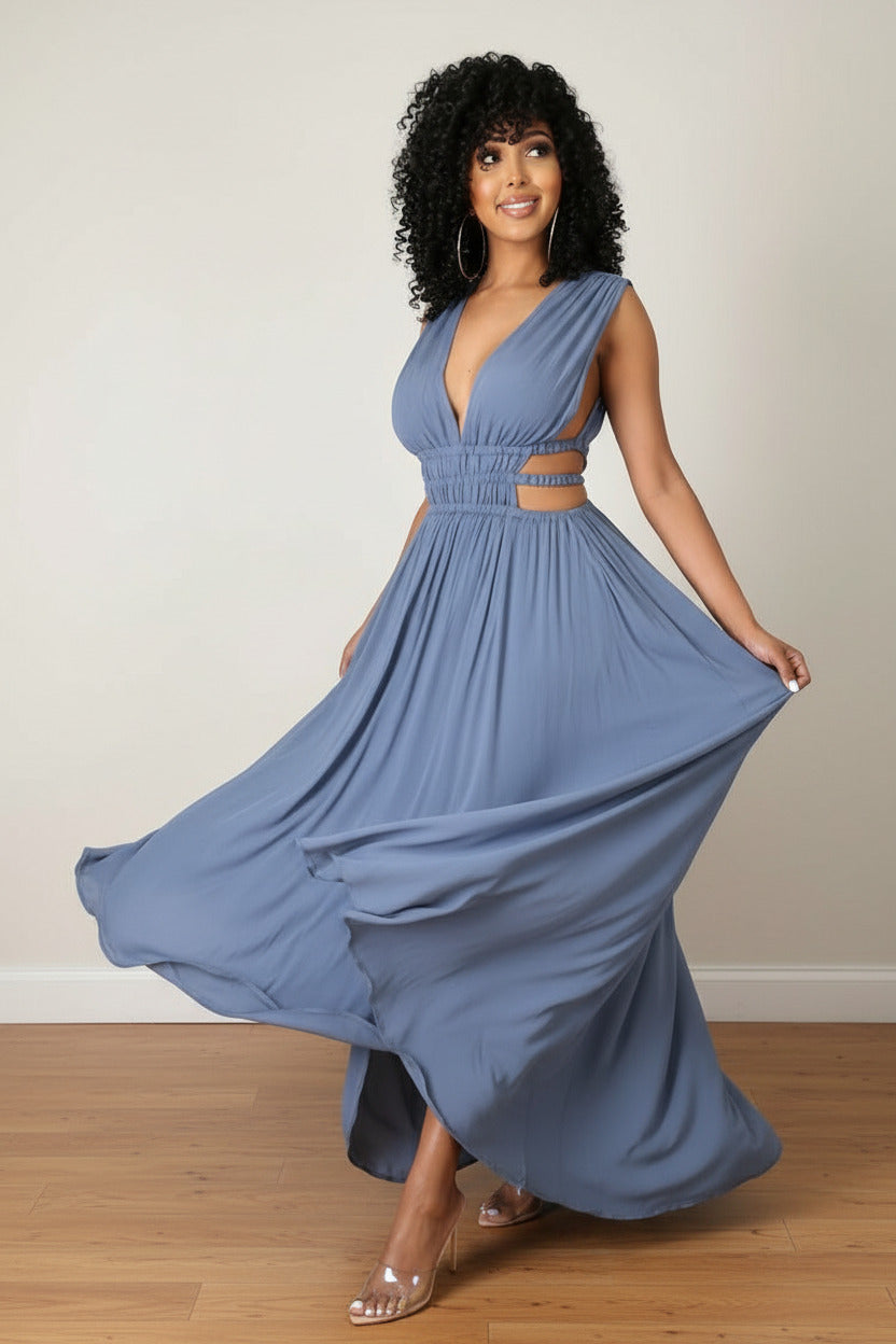 Casual solid‑color ice‑silk maxi dress