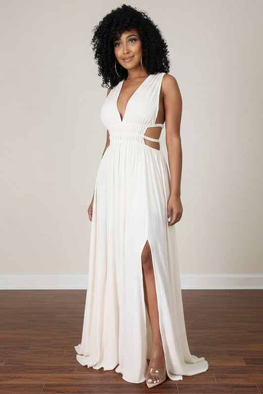 Solid‑color sleeveless V‑neck ice‑silk maxi dress