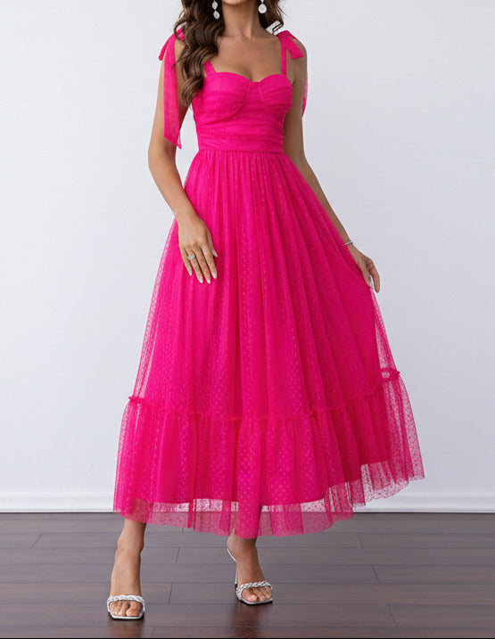 Coral Pink Women’s mesh maxi gown with soft pleated movement