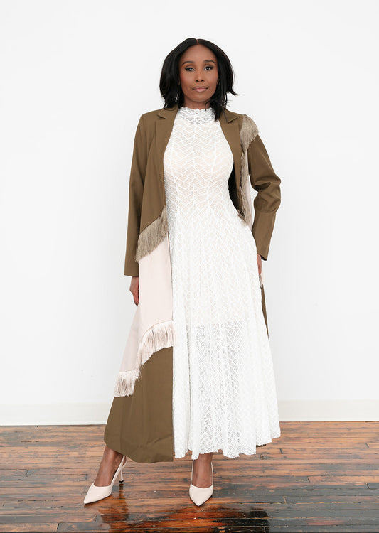 Extra‑long fringe patchwork statement coat for women