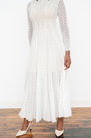 Stand‑collar lace slim maxi dress with tan undergarment