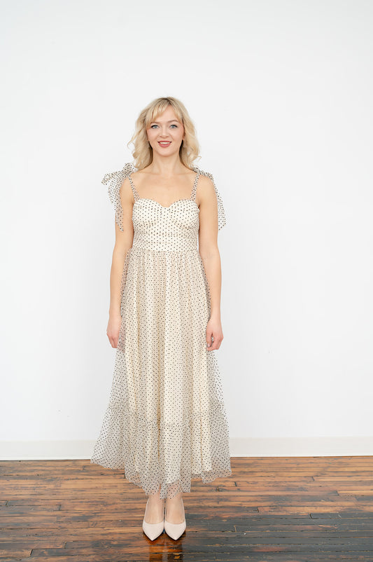 Women’s polka‑dot sleeveless maxi dress with ruched bodice