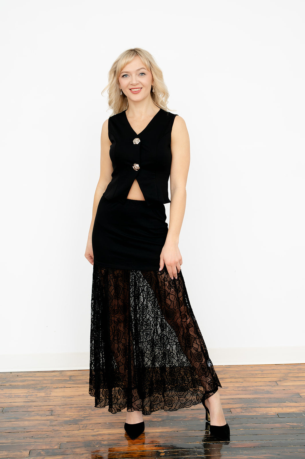 Vest and lace‑panel midi skirt two‑piece set