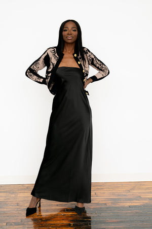 Women’s sleek satin‑finish strapless long dress