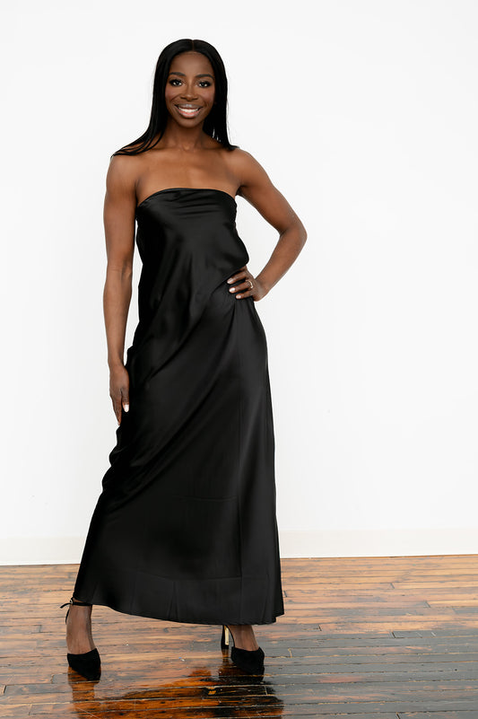 Strapless satin‑look black maxi dress for women