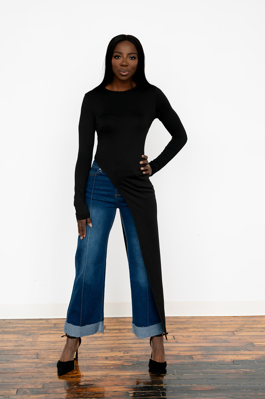 Asymmetric slit long‑sleeve bodycon top for women