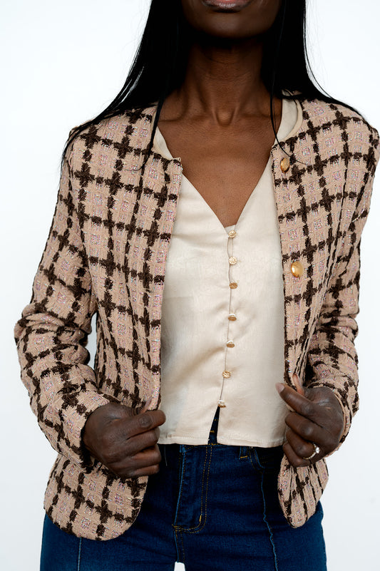 Checked woven single‑breasted jacket for women
