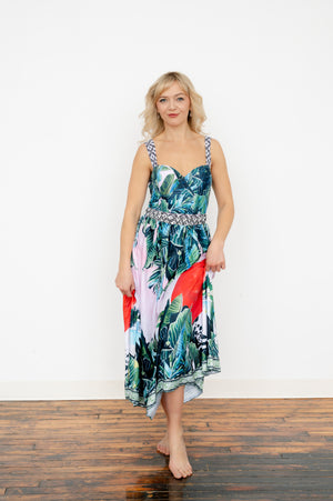 Printed waist‑control one‑piece swimsuit with matching skirt