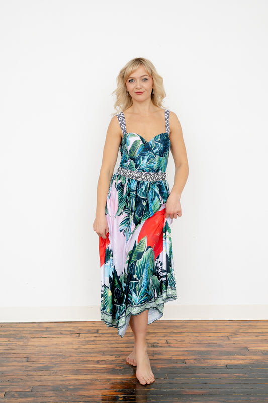 Printed waist‑control one‑piece swimsuit with matching skirt