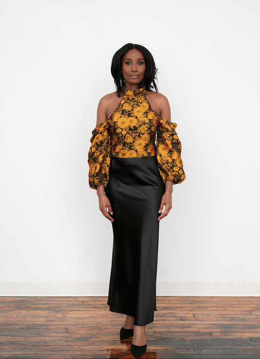 3D jacquard off‑shoulder puff‑sleeve top for women