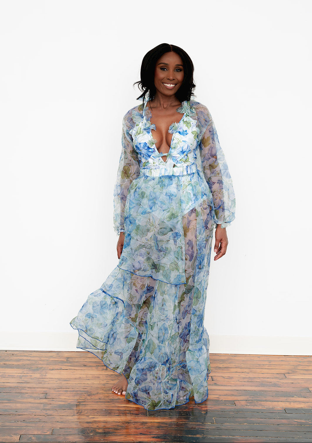Floral long‑sleeve one‑piece swimsuit with detachable skirt