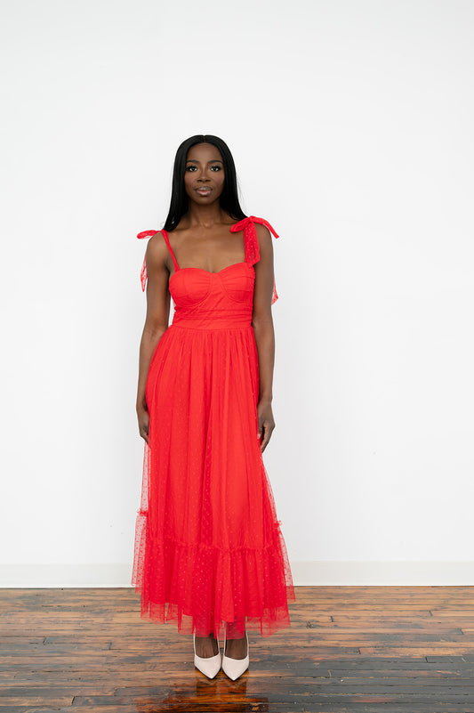 Red Mesh maxi dress with lace‑up shoulder detail for women