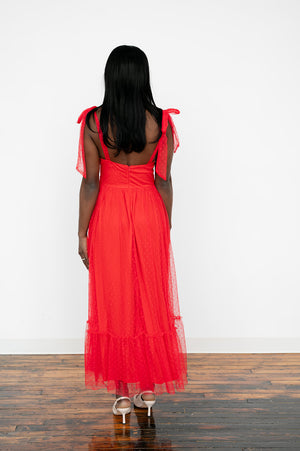 red Sleeveless mesh formal dress with delicate strap details