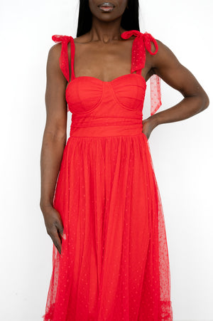 Red Solid mesh maxi dress with feminine lace‑up accents