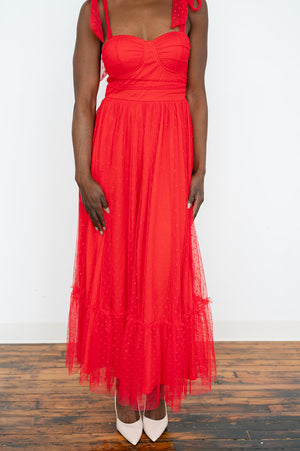red women’s mesh maxi gown with soft pleated movement