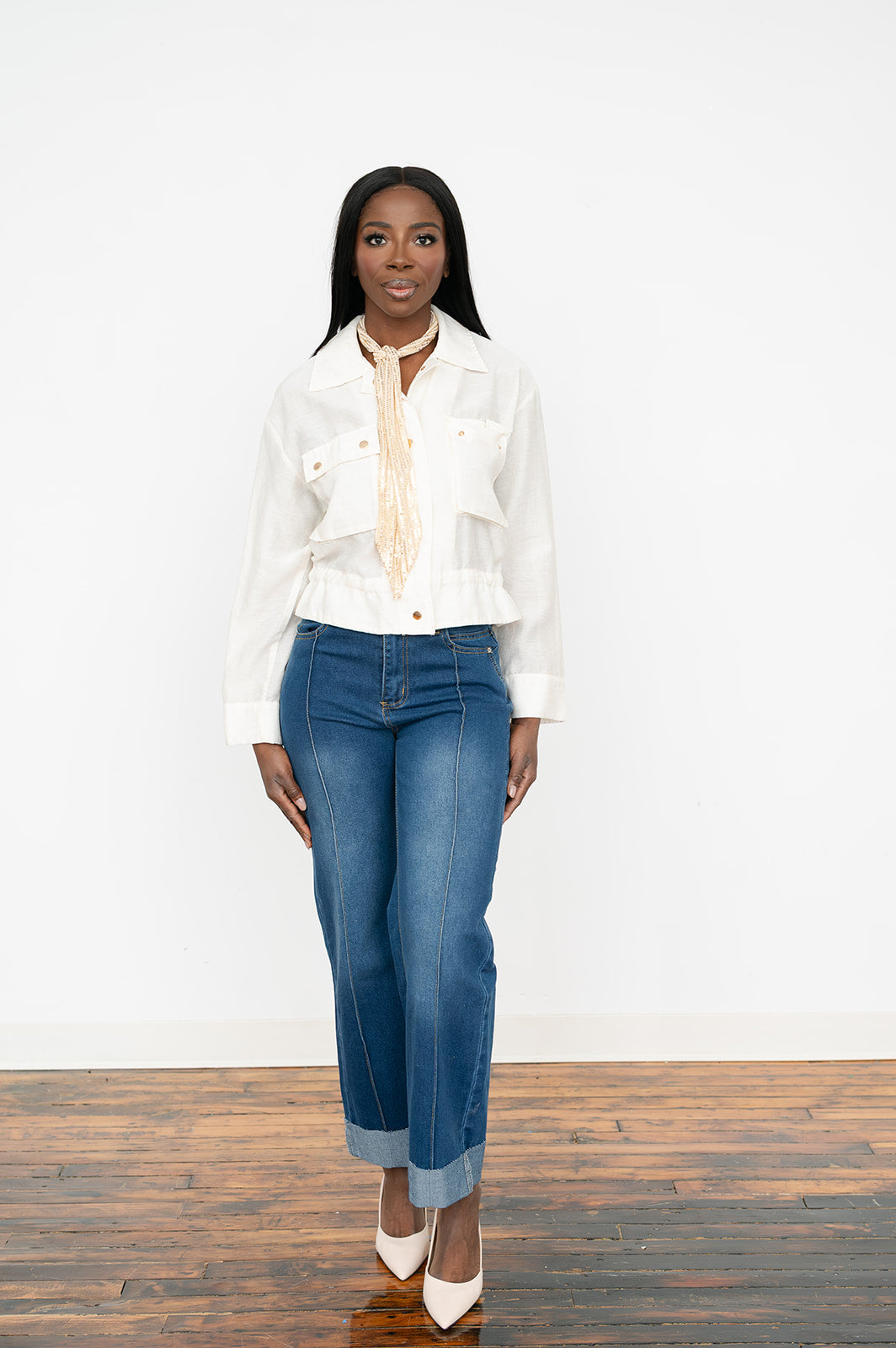 Casual polyester long‑sleeve top with pockets and button front