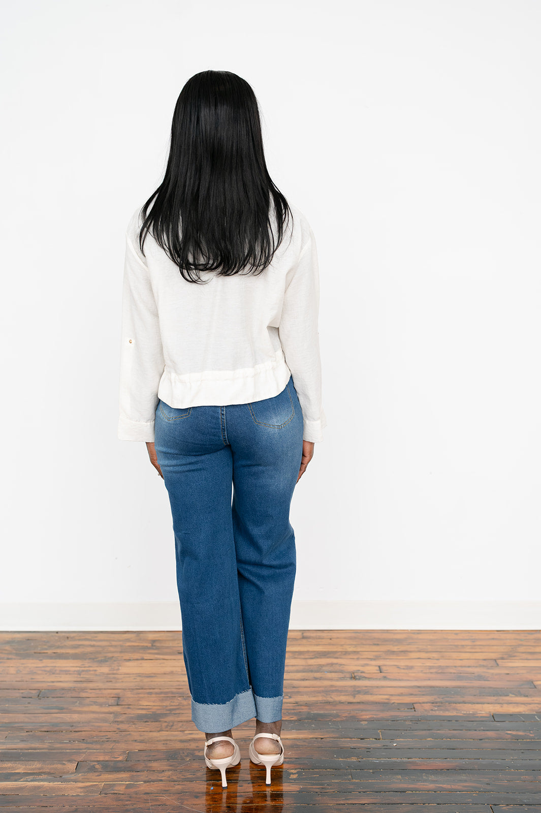 Renelle Adjustable‑Sleeve Collared Long‑Sleeve Top
