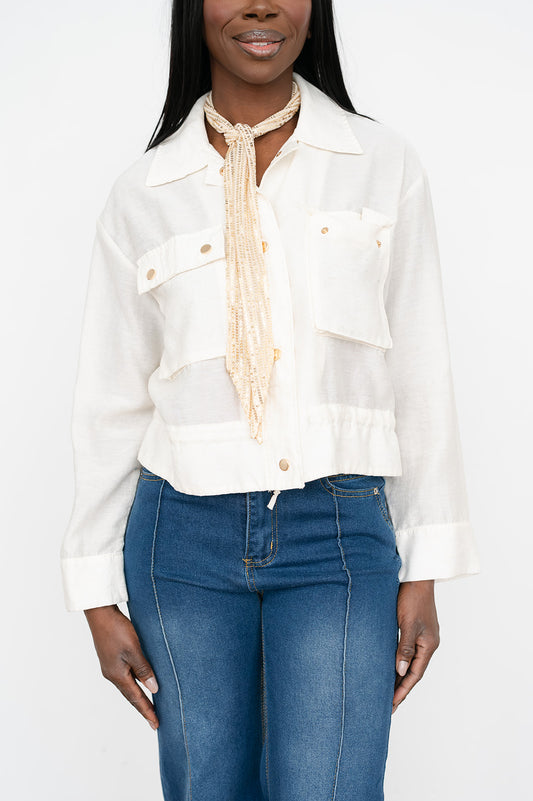 Women’s solid collared long‑sleeve top with adjustable sleeves