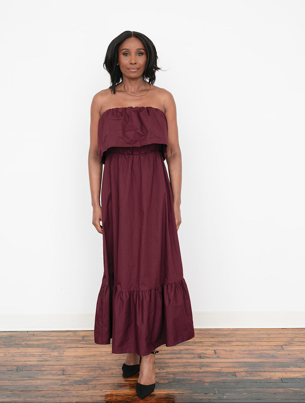 Women’s strapless A‑line cotton dress with ruffled neckline