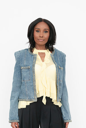 Short padded‑shoulder denim jacket for women