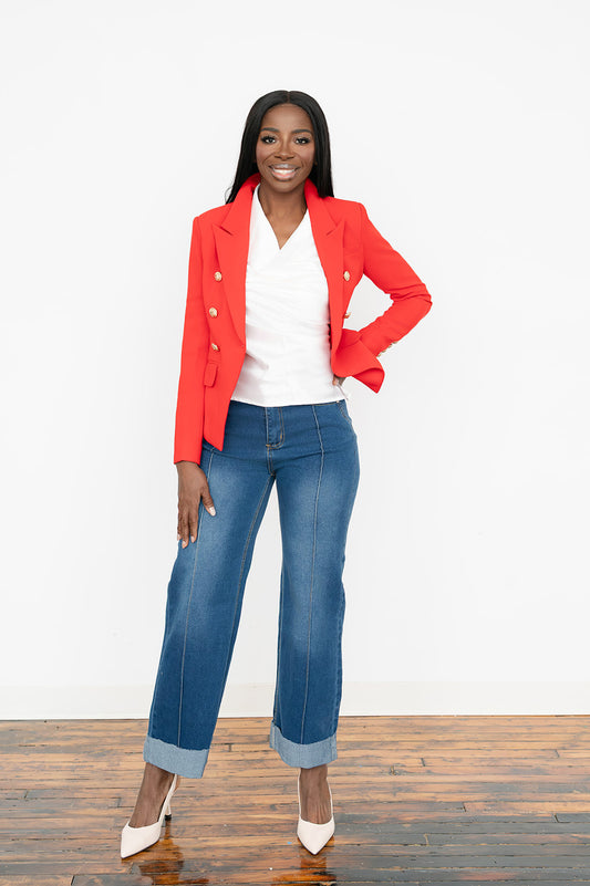 Women’s double‑breasted blazer with metal lion buckle