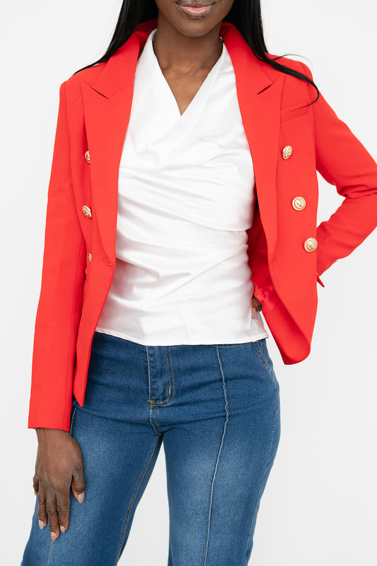 Structured long‑sleeve blazer with lion‑head buckle detail