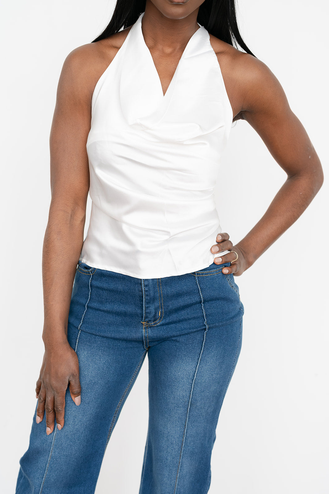 	Satin‑textured halter top with tie‑back