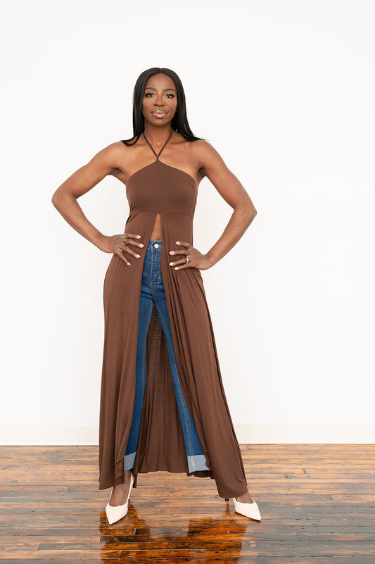 Halter slit extra‑long sleeveless top for women