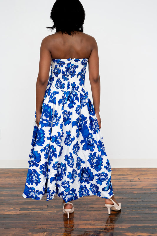 Marielle Strapless Floral Pleated Maxi A‑Line Dress