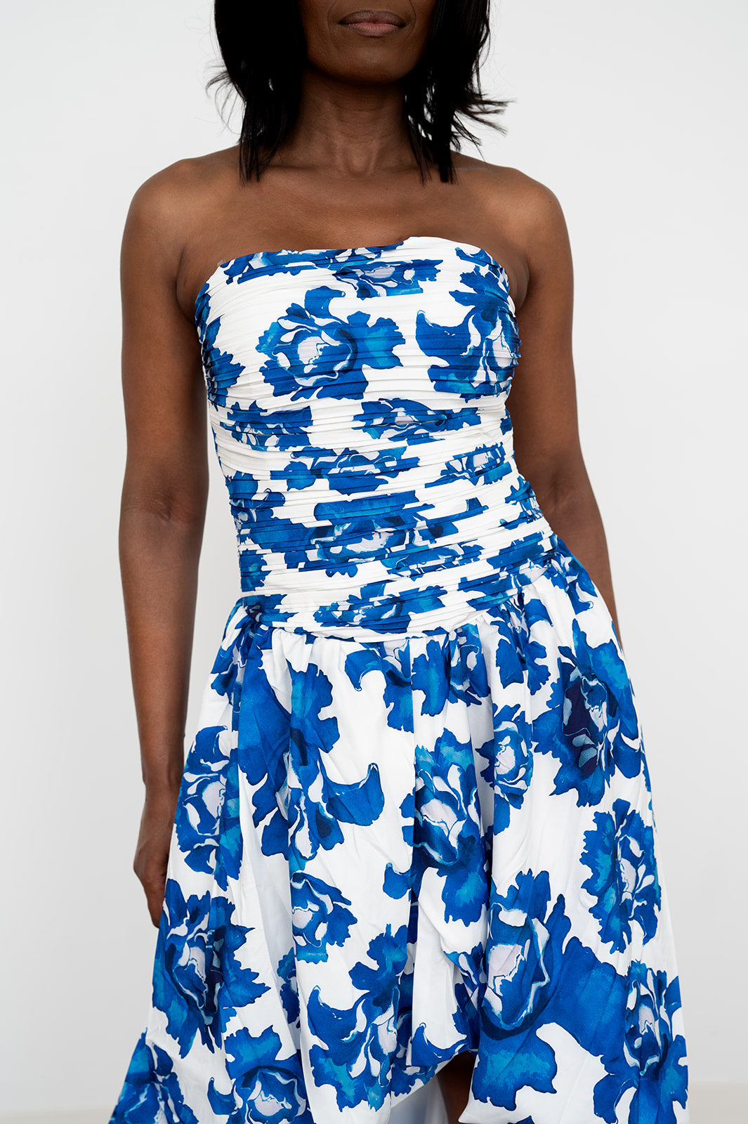 Marielle Strapless Floral Pleated Maxi A‑Line Dress