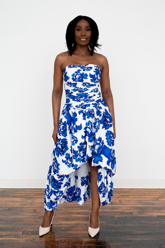 Marielle Strapless Floral Pleated Maxi A‑Line Dress