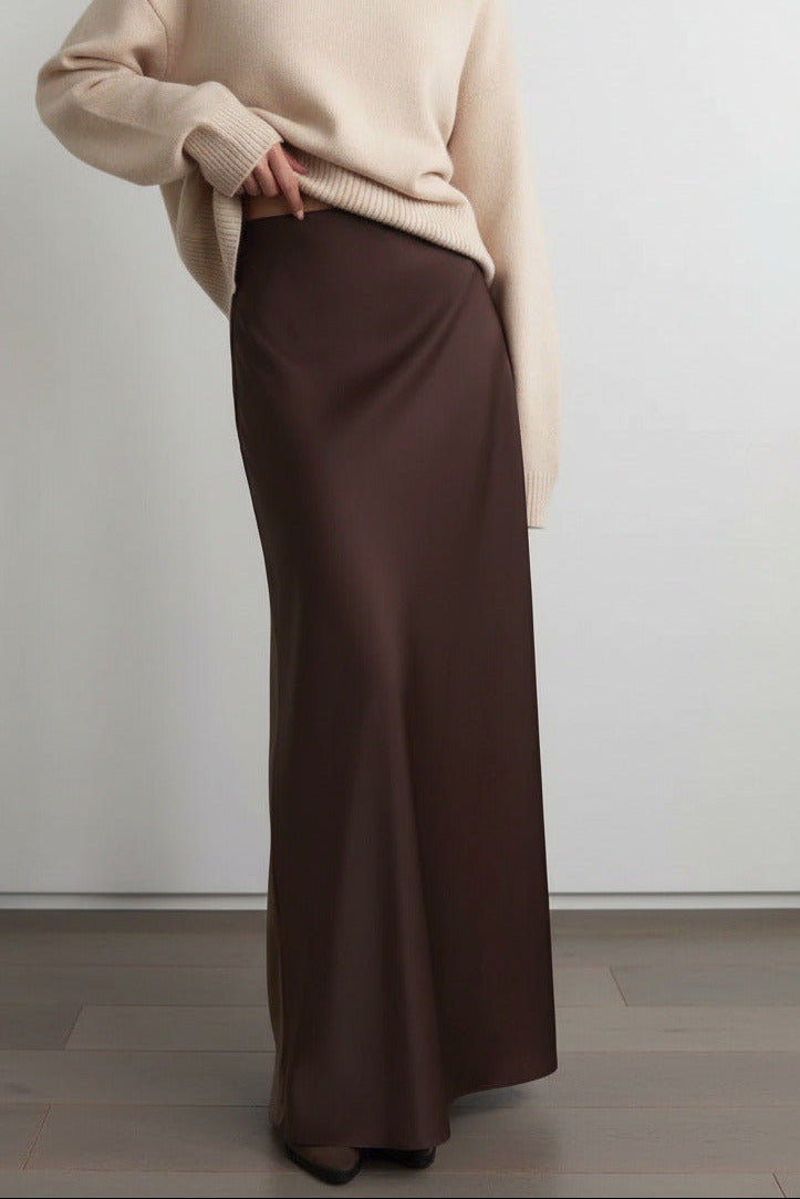 Brown Solid satin skirt with flared fishtail hem
