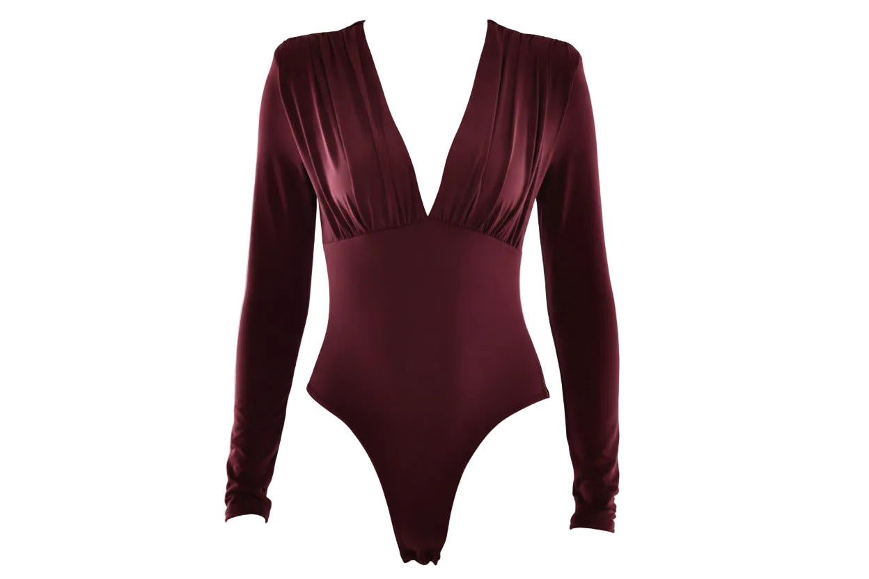 Burgundy Deep‑V long‑sleeve ruched bodysuit for women
